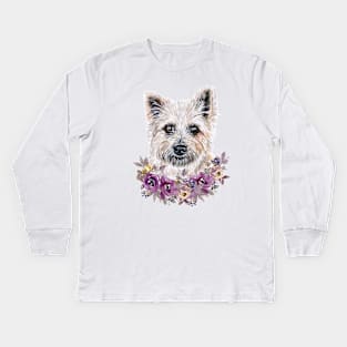 Cute Cairn Terrier With Flowers Illustration Art Kids Long Sleeve T-Shirt